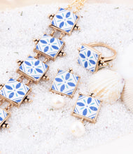 Load image into Gallery viewer, Santorini Blue and White Tile Golden Statement Ring