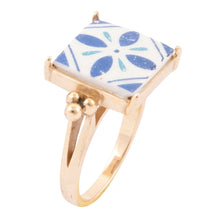 Load image into Gallery viewer, Santorini Blue and White Tile Golden Statement Ring