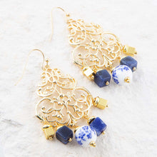 Load image into Gallery viewer, Santorini Cobalt Blue Lapis and Golden Chandelier Earrings
