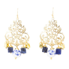 Load image into Gallery viewer, Santorini Cobalt Blue Lapis and Golden Chandelier Earrings