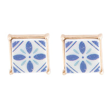 Load image into Gallery viewer, Santorini Dreams Blue and White Tile Post Stud Golden Earrings