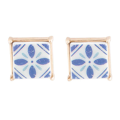 Santorini Dreams Blue and White Tile Post Stud Golden Earrings