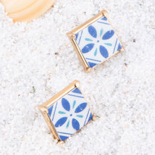Load image into Gallery viewer, Santorini Dreams Blue and White Tile Post Stud Golden Earrings