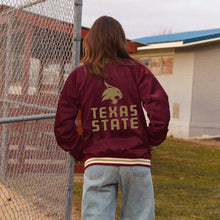Load image into Gallery viewer, Texas State Satin Letterman Bomber Jacket