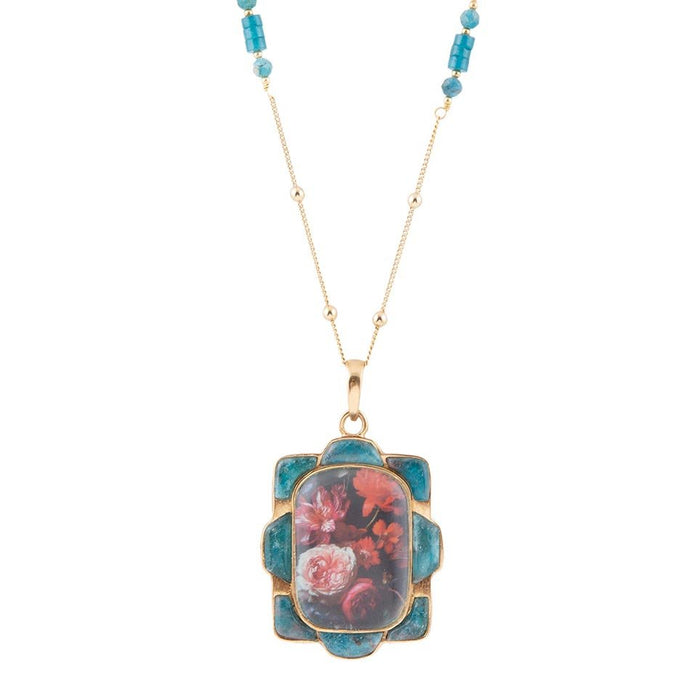 Scenic Red Florals Blue Apatite Golden Pendant Necklace