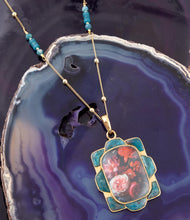 Load image into Gallery viewer, Scenic Red Florals Blue Apatite Golden Pendant Necklace
