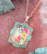 Load image into Gallery viewer, Scenic Floral and Blue Turquoise Golden Pendant Necklace