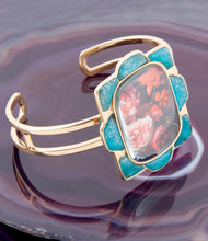 Load image into Gallery viewer, Scenic Red Floral Blue Apatite Golden Cuff Bracelet
