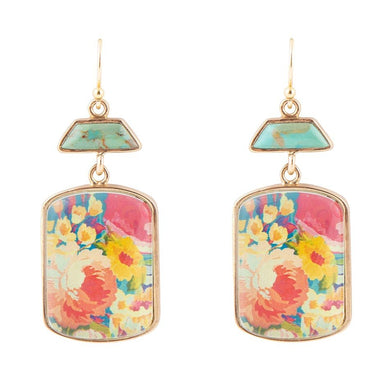 Scenic Floral Blue Turquoise Golden Earrings