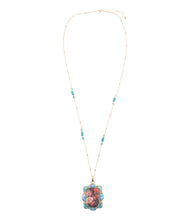 Load image into Gallery viewer, Scenic Red Florals Blue Apatite Golden Pendant Necklace