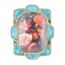 Load image into Gallery viewer, Scenic Red Florals Blue Apatite Golden Statement Ring