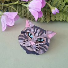 Load image into Gallery viewer, Scottish Wild Cat Grey Tabby Brooch by Cherryloco