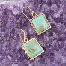 Load image into Gallery viewer, Squared Up Blue Turquoise Golden Drop Earrings