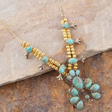 Load image into Gallery viewer, Squash Blossom Statement Blue Turquoise Golden Necklace