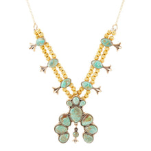 Load image into Gallery viewer, Squash Blossom Statement Blue Turquoise Golden Necklace