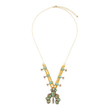 Load image into Gallery viewer, Squash Blossom Statement Blue Turquoise Golden Necklace