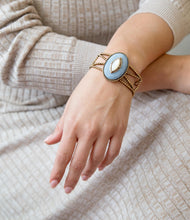 Load image into Gallery viewer, Blue Denim Dreams White Mother of Pearl Golden Cuff Bracelet