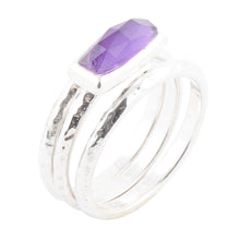 Load image into Gallery viewer, Stacking Hammered Purple Amethyst and Sterling Silver Ring Set