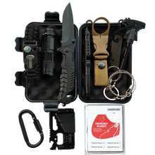 Load image into Gallery viewer, RCBB America's Front Line Survival Tool Kits 12-in-1 Emergency Tools, Rock Climbing Gear, Emergency Blankets, Survival Bracelet, Tactical Pen, Tactical Flashlight, Gift Sets for Men &amp; Women