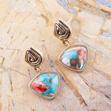 Load image into Gallery viewer, Swirled Blue Turquoise and Orange Sponge Coral Matrix Golden Post Earrings