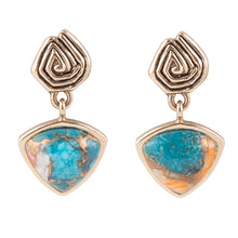 Load image into Gallery viewer, Swirled Blue Turquoise and Orange Sponge Coral Matrix Golden Post Earrings