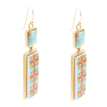 Load image into Gallery viewer, Talavera Tile and Blue Turquoise Golden Dangle Earrings