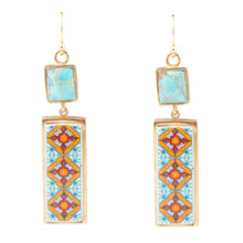 Load image into Gallery viewer, Talavera Tile and Blue Turquoise Golden Dangle Earrings