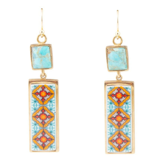 Talavera Tile and Blue Turquoise Golden Dangle Earrings