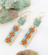 Load image into Gallery viewer, Talavera Tile and Blue Turquoise Golden Dangle Earrings