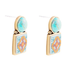 Load image into Gallery viewer, Talavera Tile Blue Turquoise Golden Drop Earrings