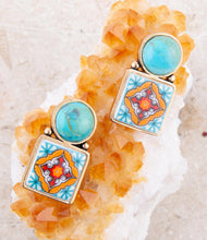 Load image into Gallery viewer, Talavera Tile Blue Turquoise Golden Drop Earrings
