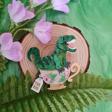 Load image into Gallery viewer, Tea Rex Dinosaur Teacup Brooch by Cherryloco Jewellery