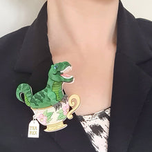 Load image into Gallery viewer, Tea Rex Dinosaur Teacup Brooch by Cherryloco Jewellery