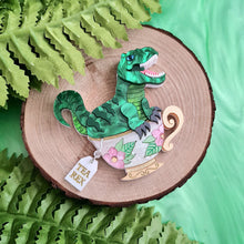 Load image into Gallery viewer, Tea Rex Dinosaur Teacup Brooch by Cherryloco Jewellery
