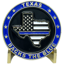 Load image into Gallery viewer, BL3-005 Texas BACKS THE BLUE Thin Blue Line Police Challenge Coin with free matching State Flag pin back the blue Sheriff trooper