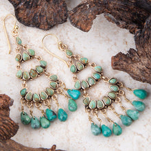 Load image into Gallery viewer, Triple the Blue Turquoise Golden Chandelier Earrings