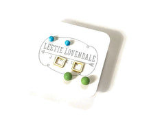 Load image into Gallery viewer, Turquoise Frosted Gold Squares &amp; Lime Green Tiny Geo Stud Earrings Set