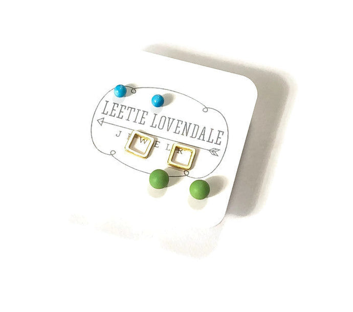 Turquoise Frosted Gold Squares & Lime Green Tiny Geo Stud Earrings Set