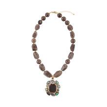 Load image into Gallery viewer, Tribecca Blue Abalone and Black Smoky Quartz Golden Statement Necklace