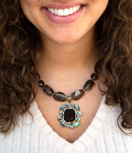 Load image into Gallery viewer, Tribecca Blue Abalone and Black Smoky Quartz Golden Statement Necklace