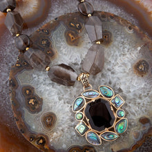 Load image into Gallery viewer, Tribecca Blue Abalone and Black Smoky Quartz Golden Statement Necklace