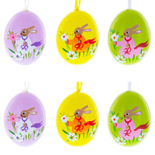 Load image into Gallery viewer, Set of 6 Real Eggshell Bunny and Flowers Pysanky Easter Egg Ornaments 2.5 Inches