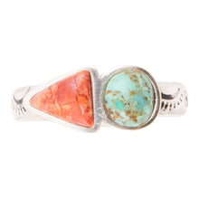 Load image into Gallery viewer, Blue Turquoise and Orange Coral Duo Sterling Silver Ring