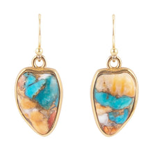 Load image into Gallery viewer, Blue Turquoise and Orange Spiny Oyster Matrix Golden Drop Earrings
