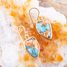 Load image into Gallery viewer, Blue Turquoise and Orange Spiny Oyster Matrix Golden Drop Earrings
