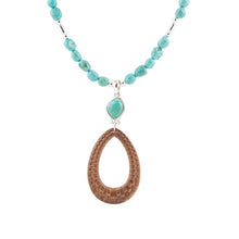 Load image into Gallery viewer, Blue Turquoise and Brown Woven Wood Pendant Sterling Silver Necklace
