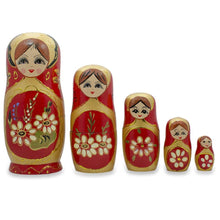 Load image into Gallery viewer, Set of 5 White Flowers on Red Nesting Dolls 6.5 Inches