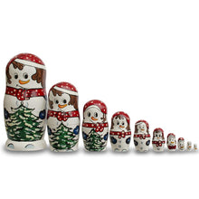 Load image into Gallery viewer, Set of 10 Snowmen with Christmas Tree Wooden Nesting Dolls 10.25 Inches