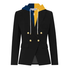 Load image into Gallery viewer, Navy &amp; Yellow Hooded Blazer Jacket