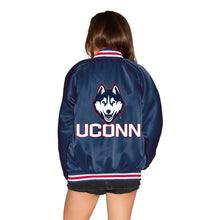 Load image into Gallery viewer, UConn Satin Letterman Bomber Jacket